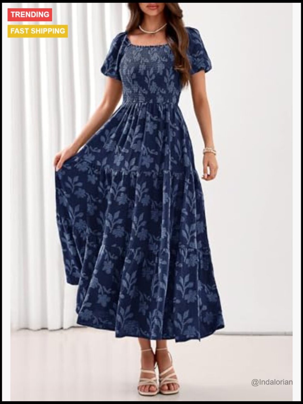 Boho Maxi Dress Floral Short Sleeve Square Neck Smocked Flowy Long Vacation - Picture 3 of 7